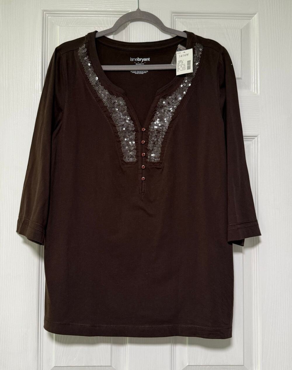 Lane Bryant Relaxed Fit  New Women's  Sequin Neck Brown Top Size 14/16W